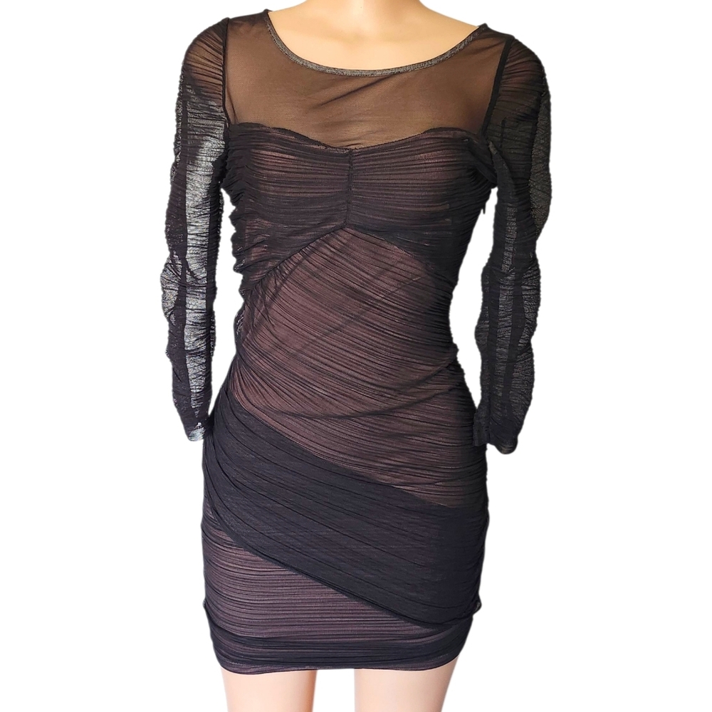 BCBG Black Sheer Mesh Ruched Bodycon Dress Long Sleeve Party Clubwear S